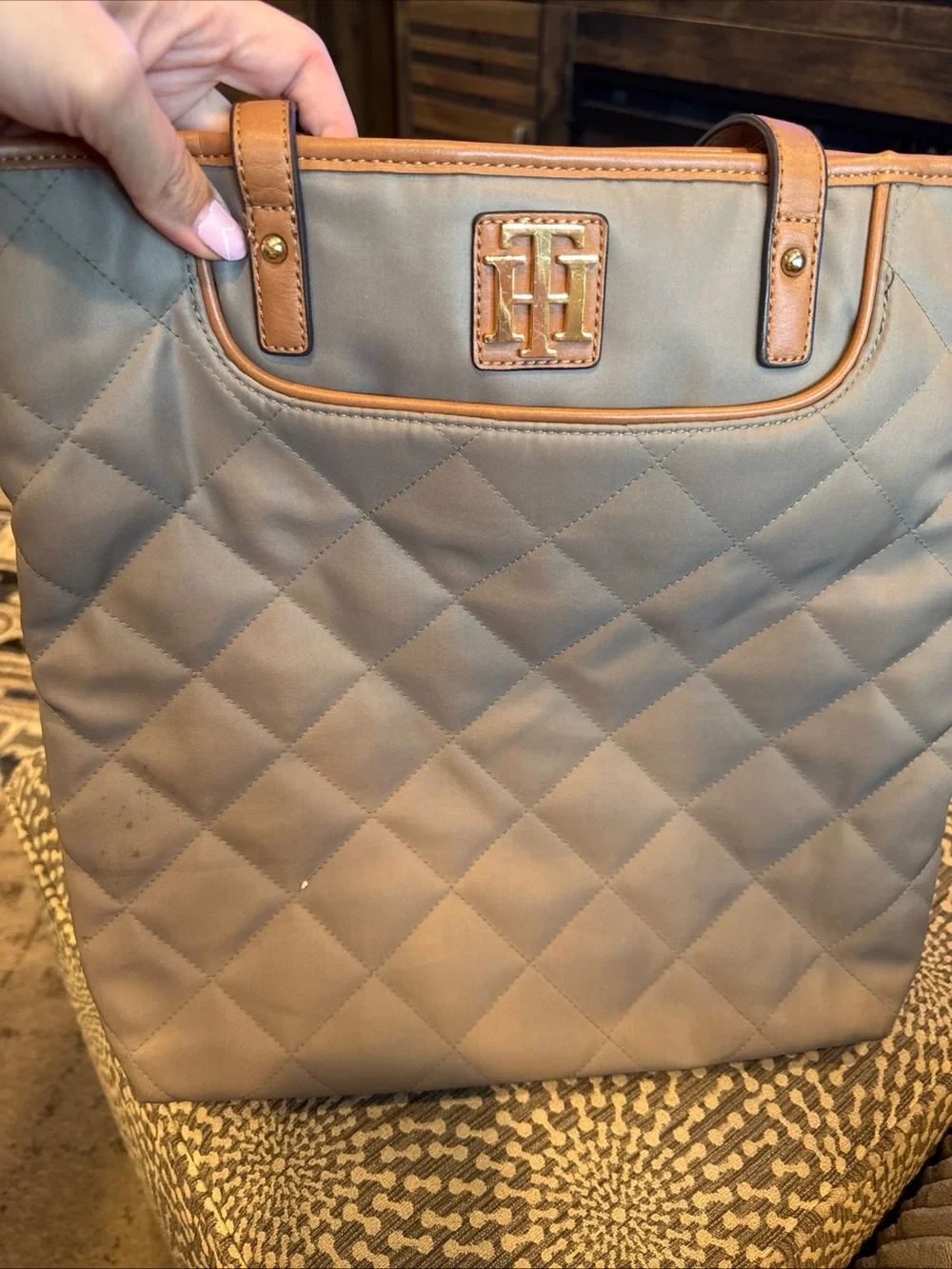 Tommy Hilfiger Quilted Taupe Tote with Tan Trim and Logo Plaque
